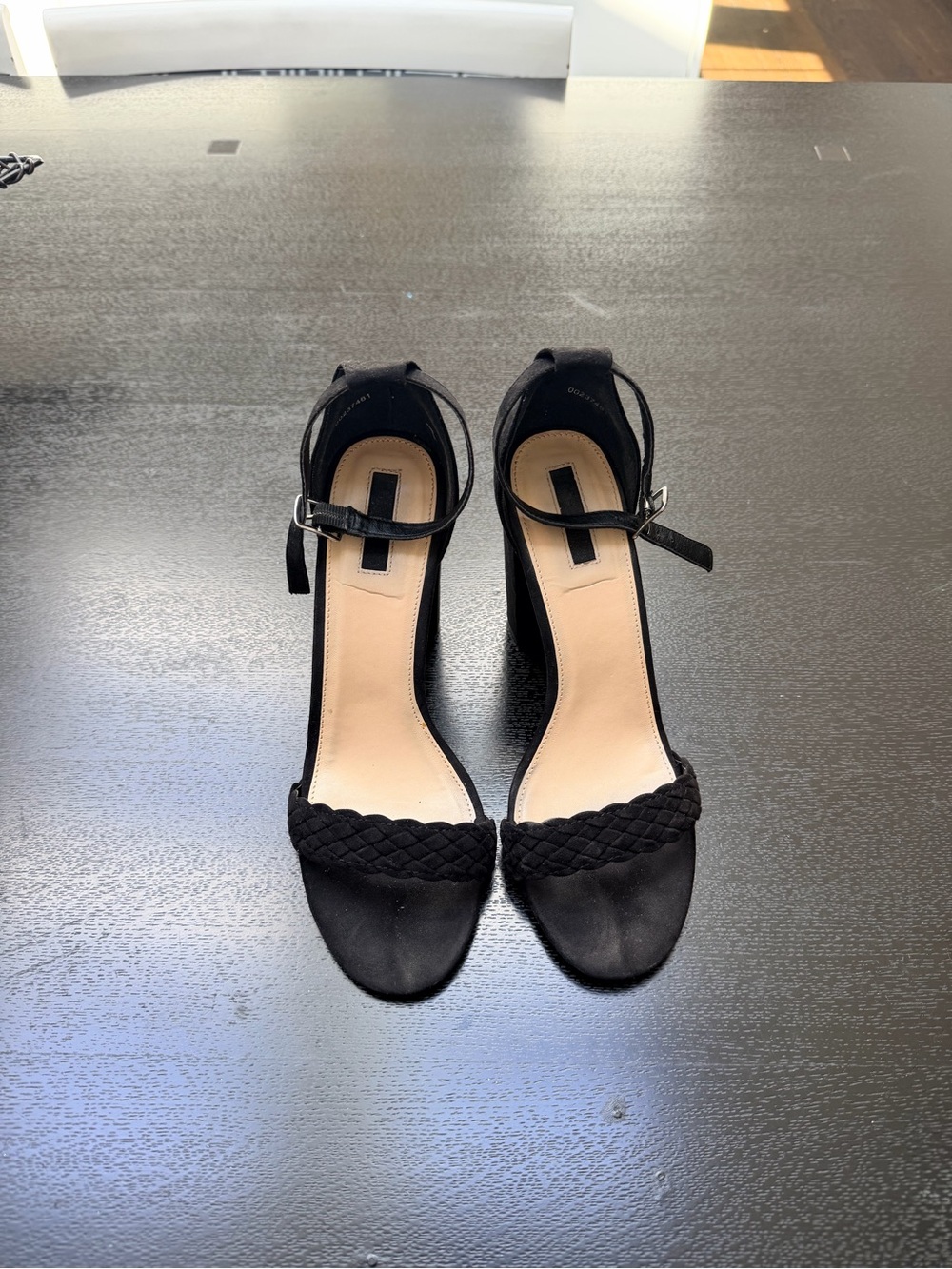 Black Braided Strap Ankle-Heel Sandals - Women